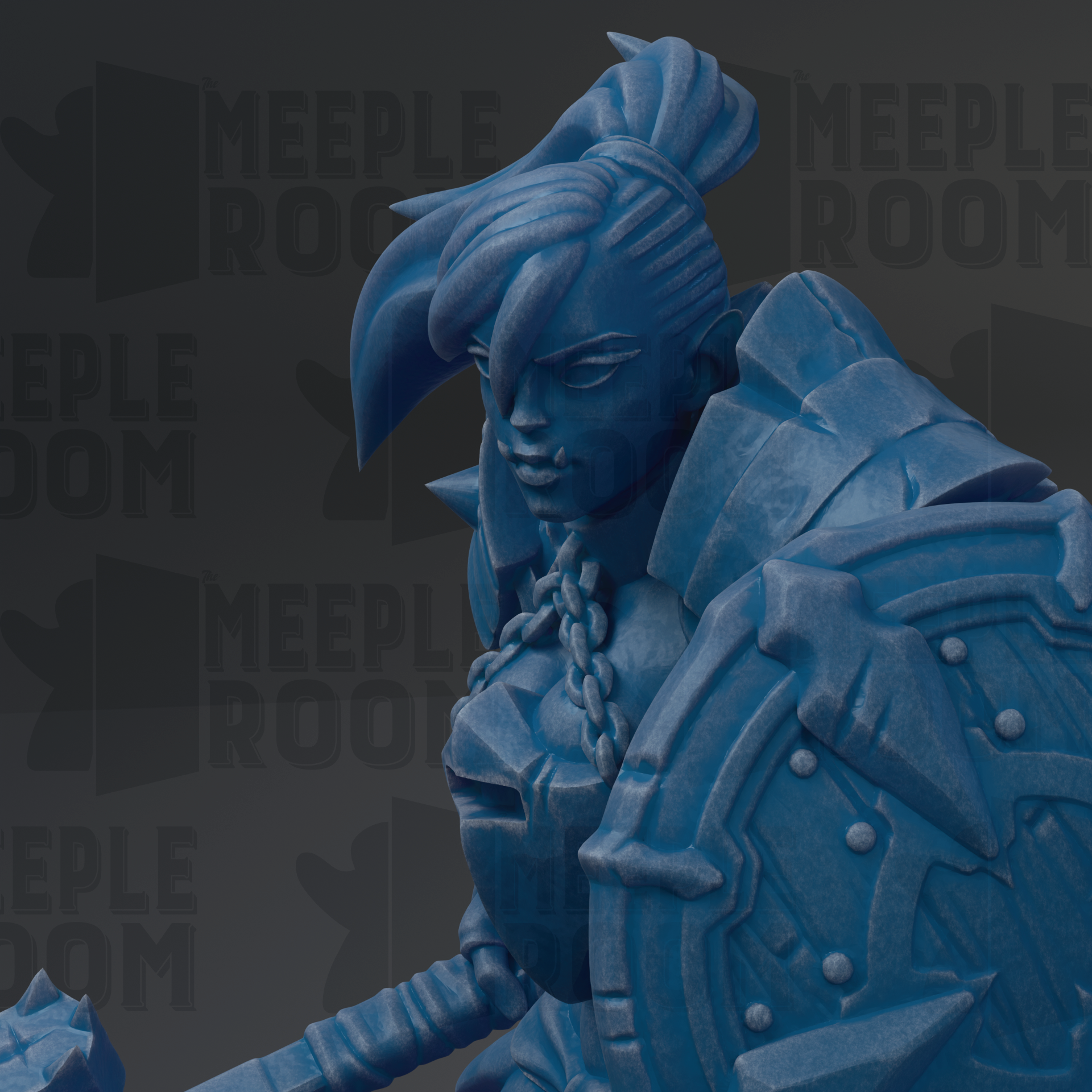 A close-up view of a blue, armored figure with a fierce expression, standing in front of a dark background with repeated text.