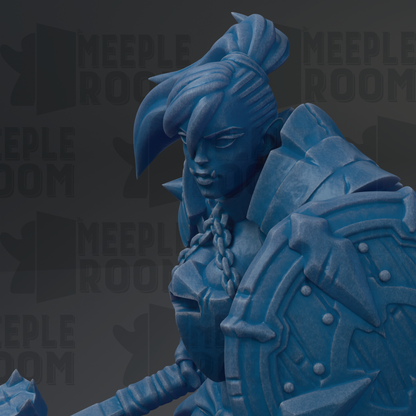 A close-up view of a blue, armored figure with a fierce expression, standing in front of a dark background with repeated text.