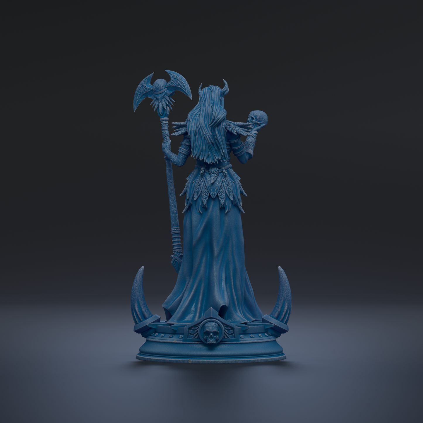 A blue statue of a woman with a long, flowing dress and a skull on her shoulder, holding a staff and standing on a pedestal.