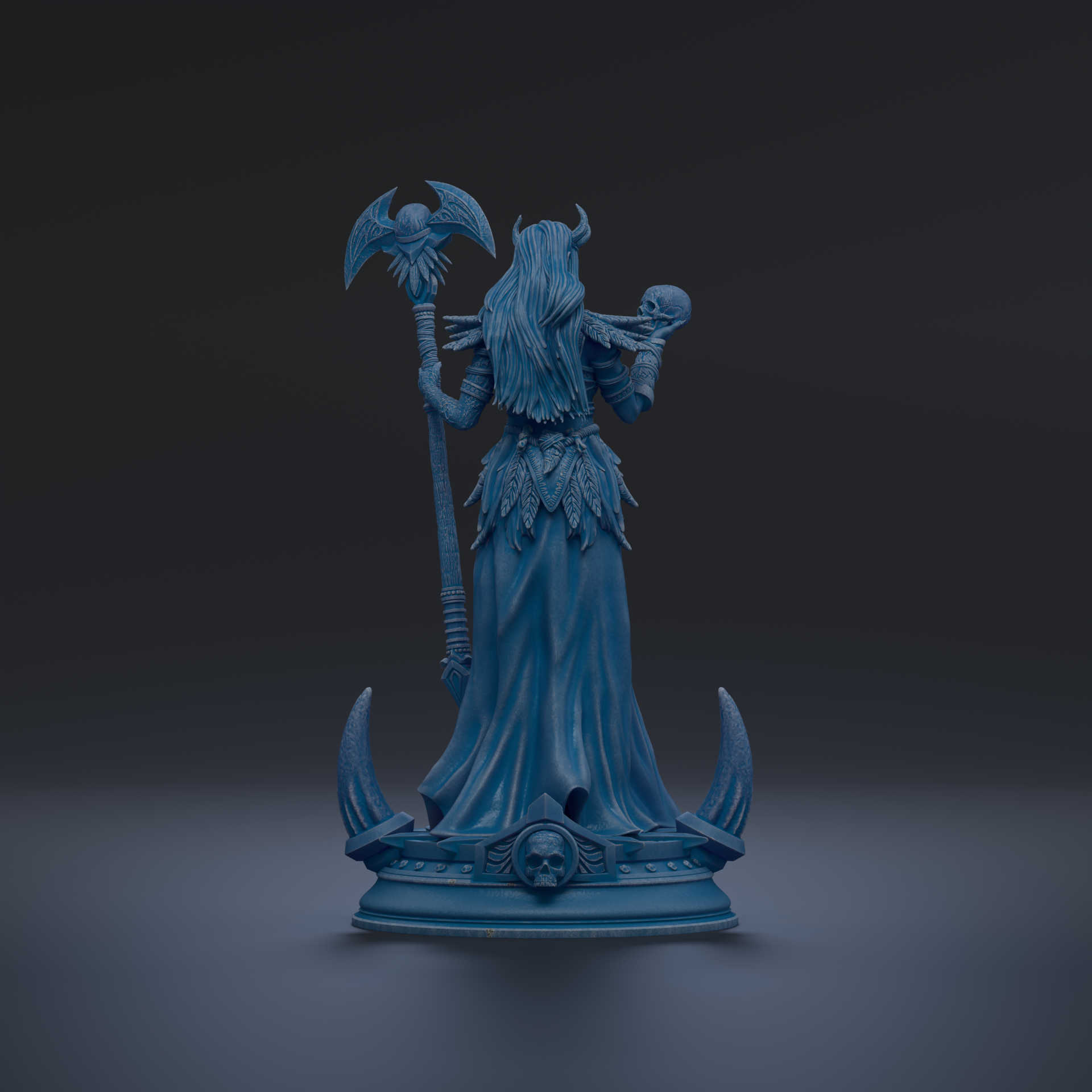 A blue statue of a woman with a long, flowing dress and a skull on her shoulder, holding a staff and standing on a pedestal.