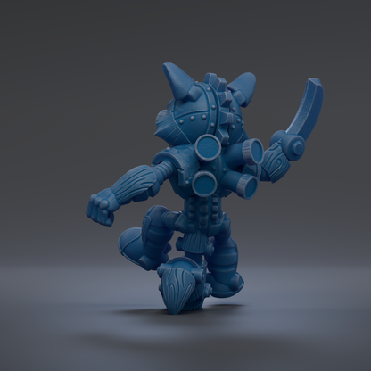 A 3D rendering of a blue, mechanical robot with a large head and multiple arms, standing on one leg and holding a weapon.