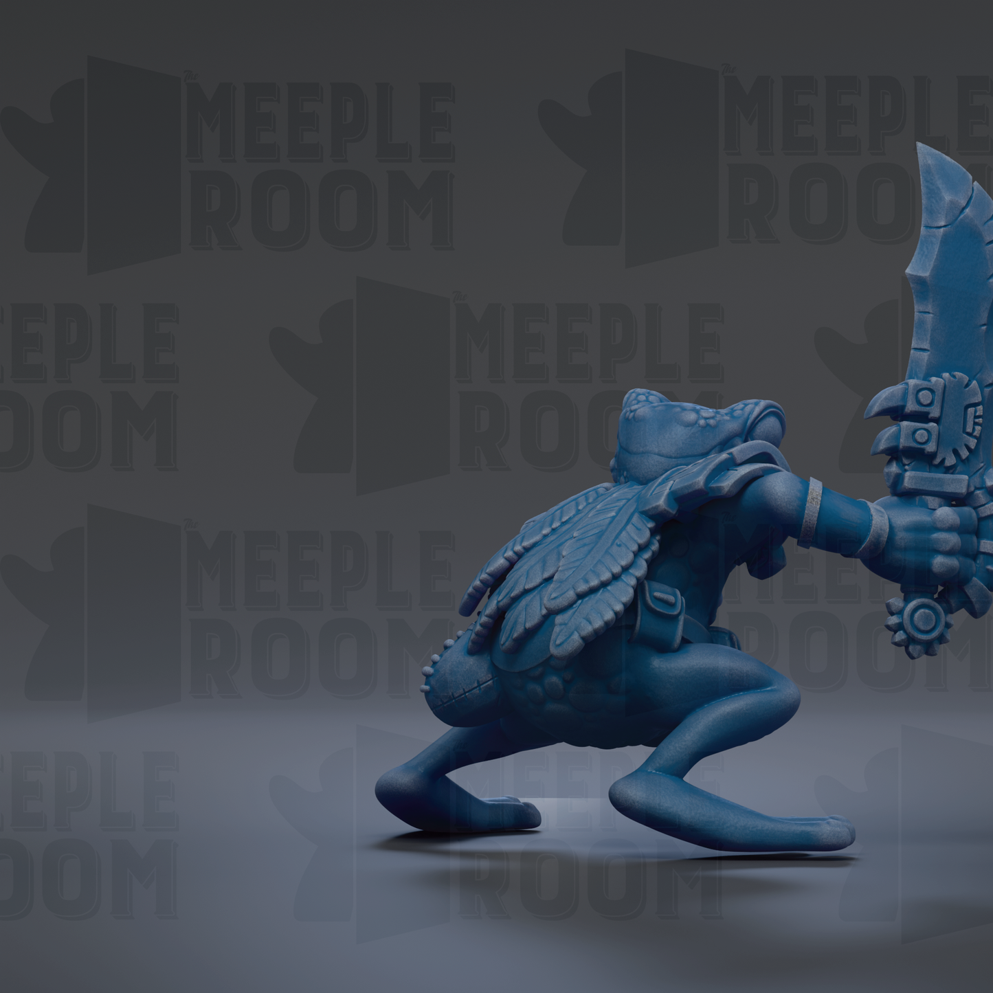 A blue, frog-like creature holding a sword and shield, with the text "MEUPLE ROOM" repeated in the background.