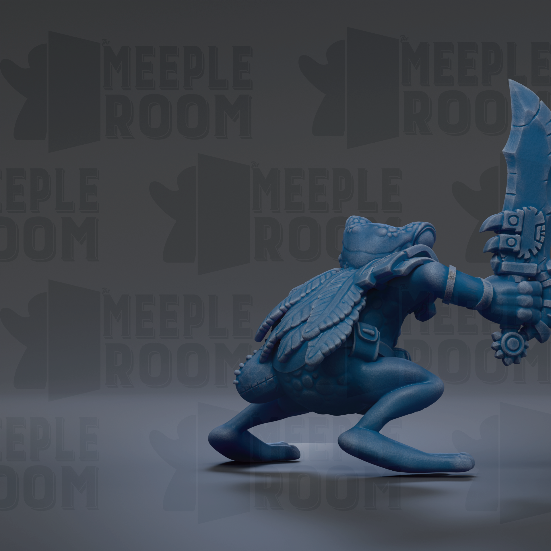 A blue, frog-like creature holding a sword and shield, with the text "MEUPLE ROOM" repeated in the background.