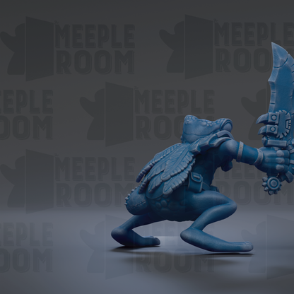 A blue, frog-like creature holding a sword and shield, with the text "MEUPLE ROOM" repeated in the background.
