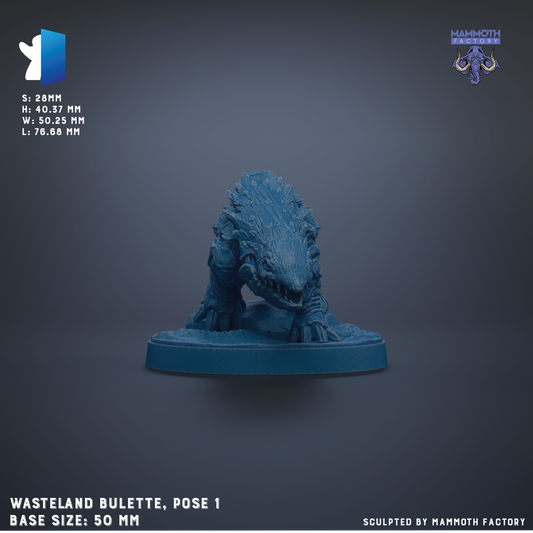 The image is a 3D rendering of a blue, skull-like creature with sharp teeth, standing on a blue base. The creature appears to be a model or sculpture, and the image is described as a "WASTELAND BULLETTE, POSE 1" with a base size of 50mm. The image is described as a "SURPLED BY MAMMOTH FACTORY" and is part of a larger collection of images.