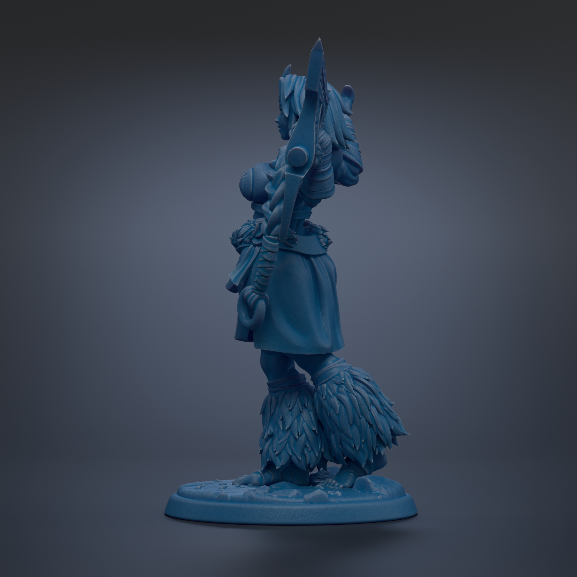 A blue figurine of a woman with a sword and a large animal on her back, standing on a base.