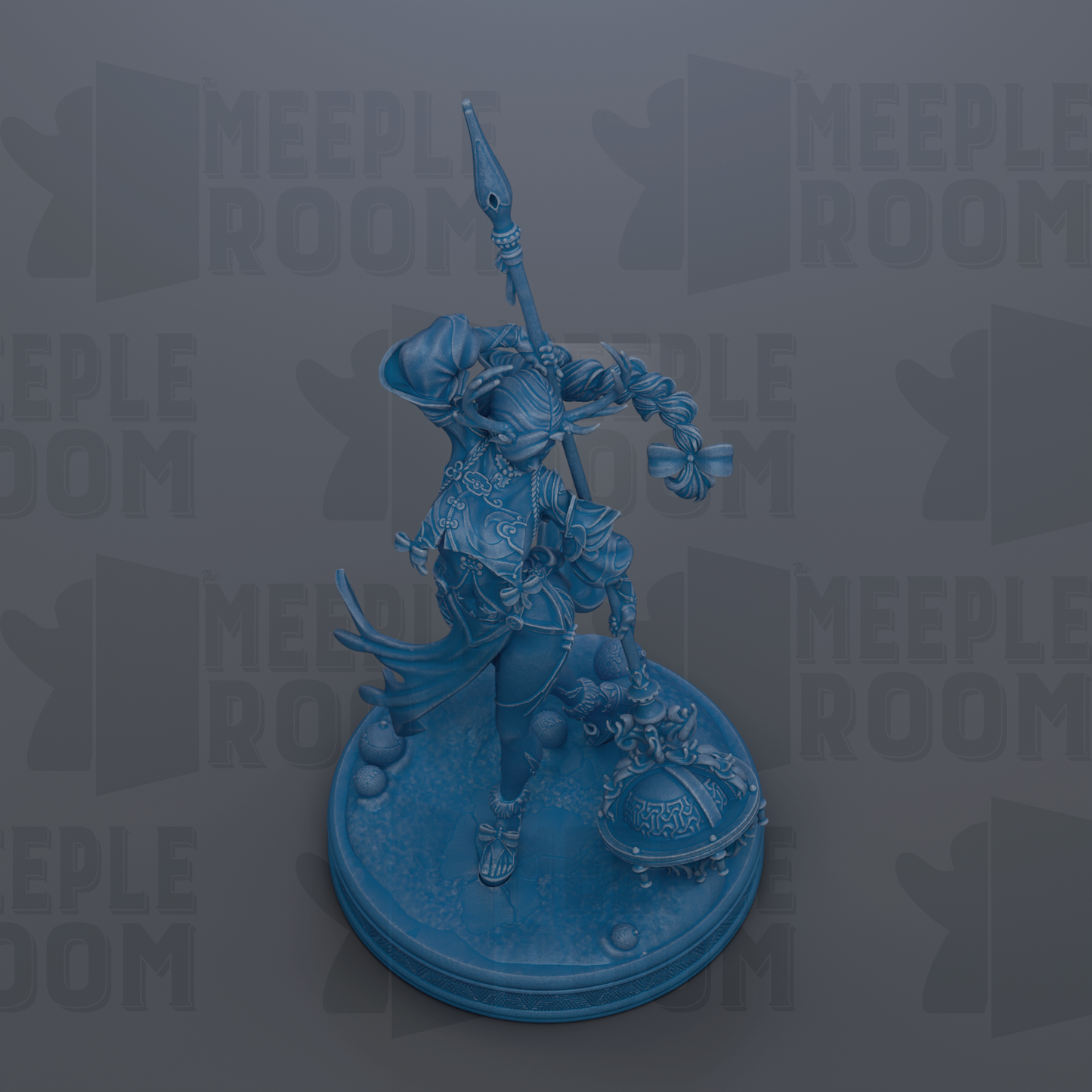 A blue figurine of a person holding a spear and a shield, standing on a circular base.
