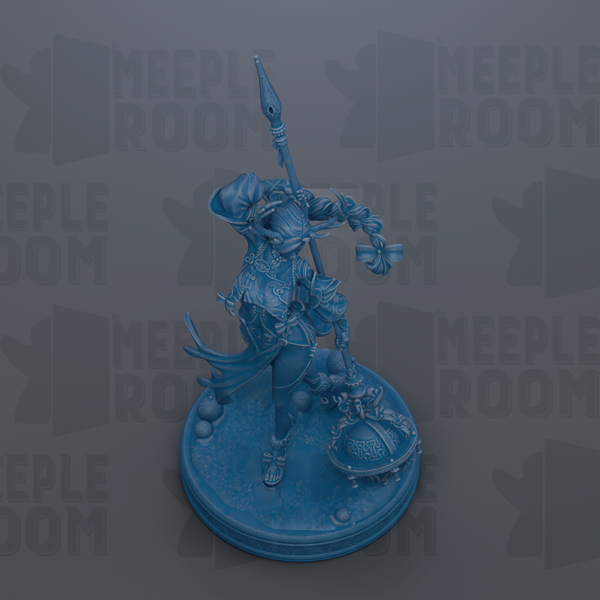 A blue figurine of a person holding a spear and a shield, standing on a circular base.
