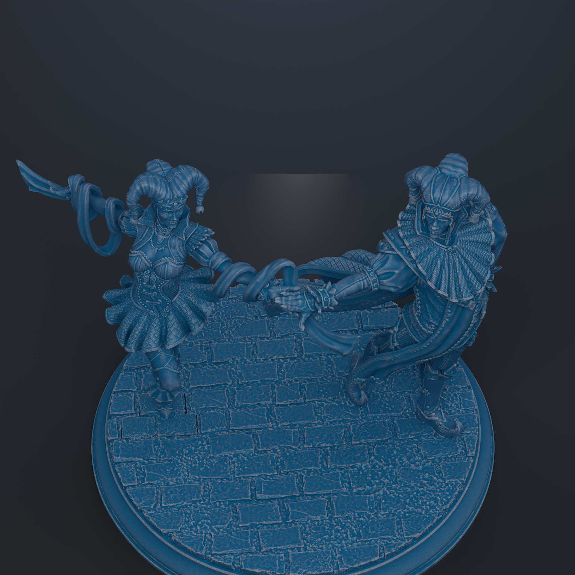 A 3D rendering of two figures, one with a halo and the other with a crown, standing on a brick surface.