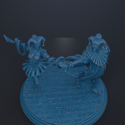 A 3D rendering of two figures, one with a halo and the other with a crown, standing on a brick surface.