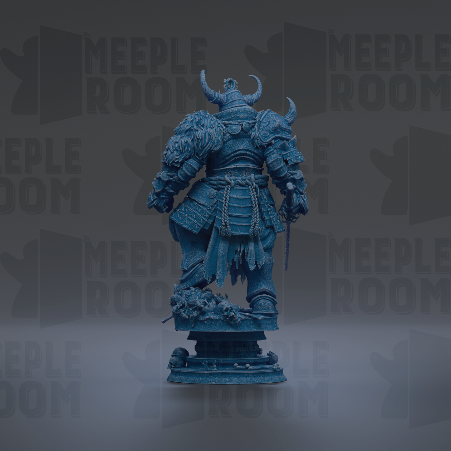 A blue statue of a warrior figure with horns and a flowing robe, standing on a pedestal against a dark background with repeated text.