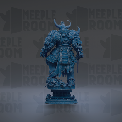 A blue statue of a warrior figure with horns and a flowing robe, standing on a pedestal against a dark background with repeated text.