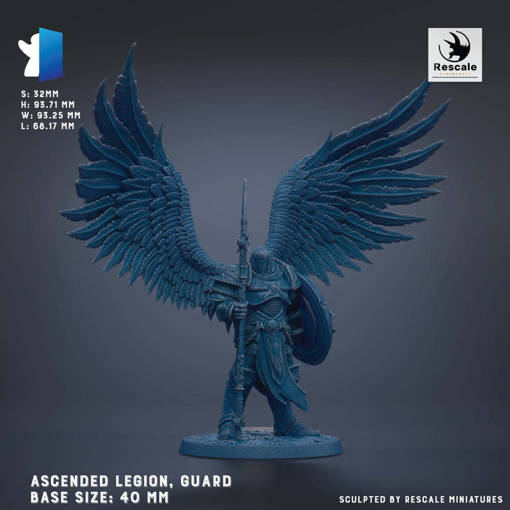 a blue-colored winged guardian figure with a shield and sword, standing on a base. The guardian is described as an "ascended Legion Guard" and is shown in various sizes, ranging from 40 to 70 millimeters. The image is a sculpture, and it is described as being "sculpted by Rescue miniatures".