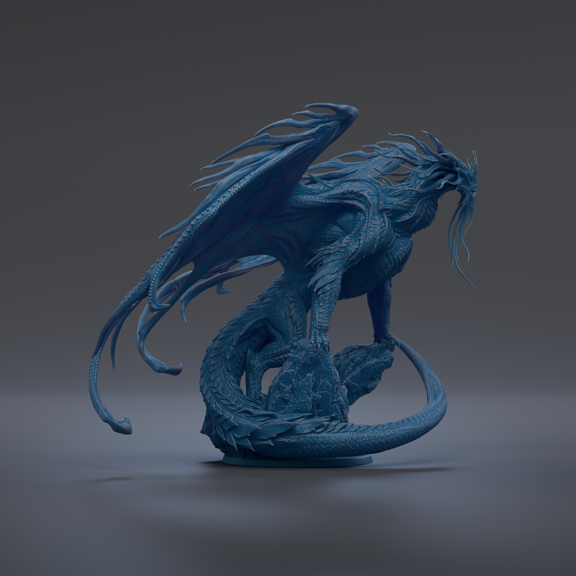 A 3D rendering of a blue dragon statue with intricate details and flowing wings.