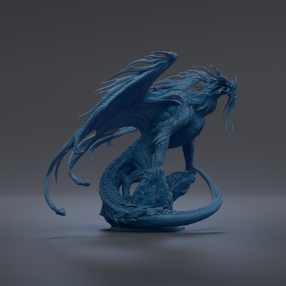 A 3D rendering of a blue dragon statue with intricate details and flowing wings.
