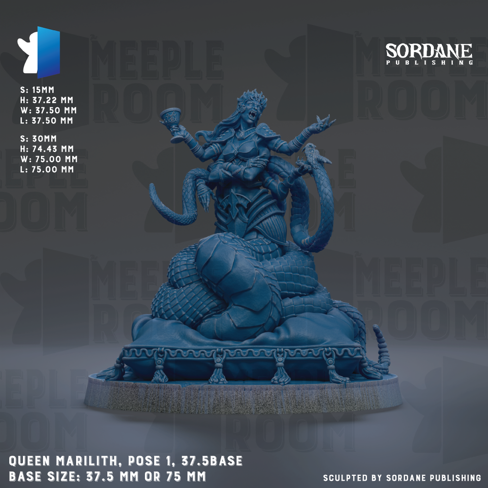 The image is a 3D rendering of a statue of Queen Marilith, a character from the video game "Meeple Room". The statue is posed on a base that measures 37.5 mm or 75 mm in diameter. The statue depicts a woman with a snake wrapped around her body, and she is holding a cup in her hand. The image is a collage of multiple images, and it is described as a "sculpted by Sordane Publishing" image.