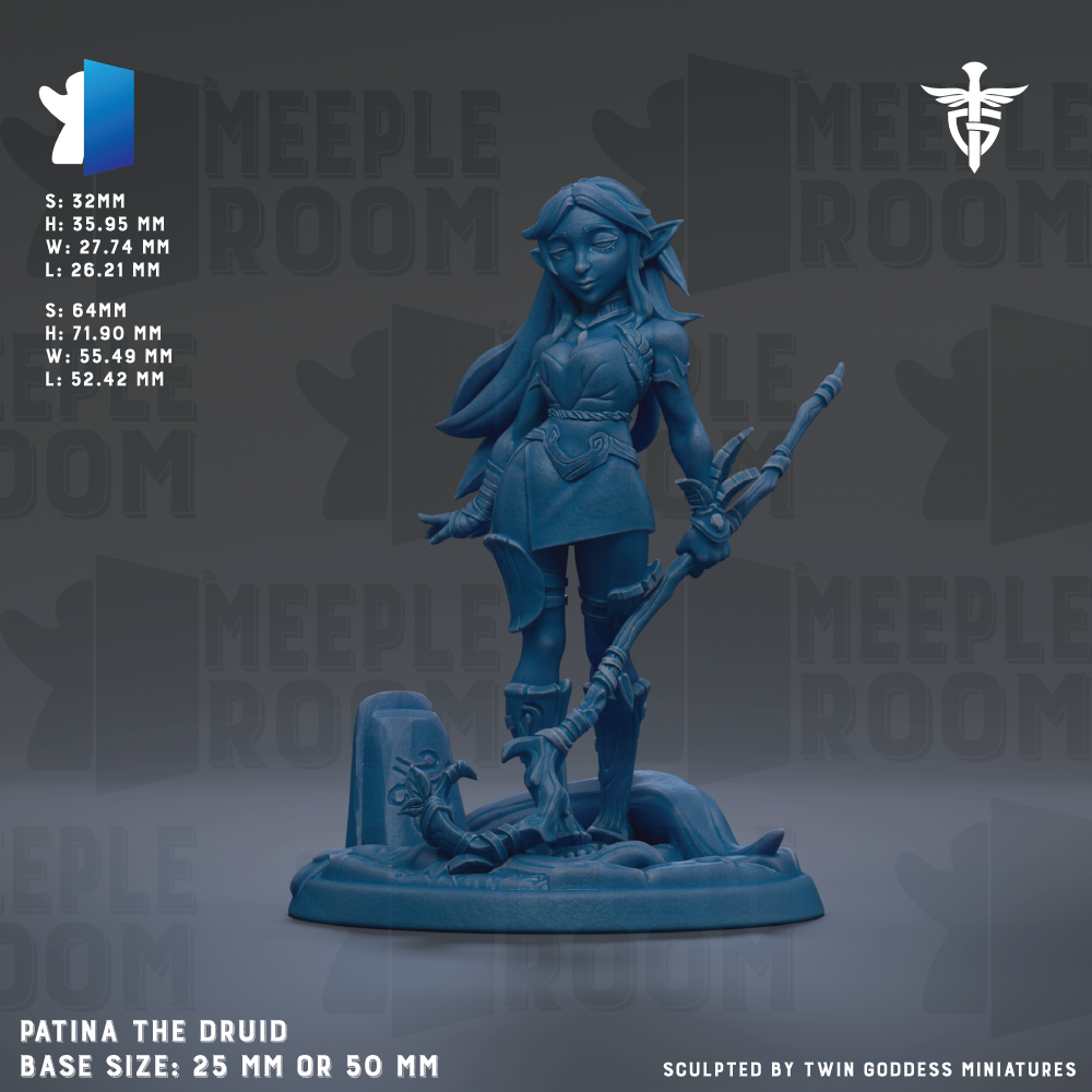 The image is a figurine of a female character, specifically Patina the Druid, which is a character from the video game Meeple Room. The figurine is depicted in a blue color and is standing on a base that is either 25mm or 50mm in size. The figurine is shown against a dark background, which emphasizes its details and features. The image does not contain any text or additional objects, and it is a single, focused image of the figurine.