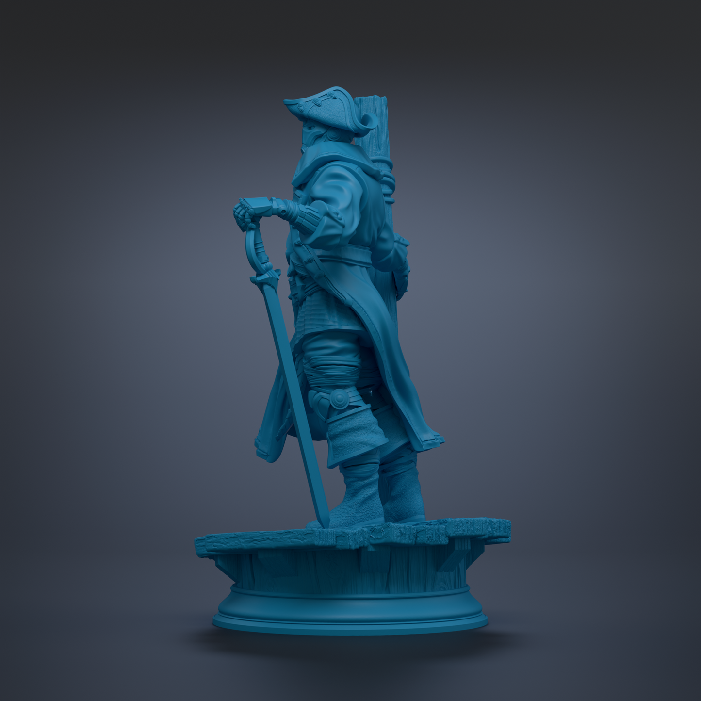 A blue statue of a person standing on a pedestal.