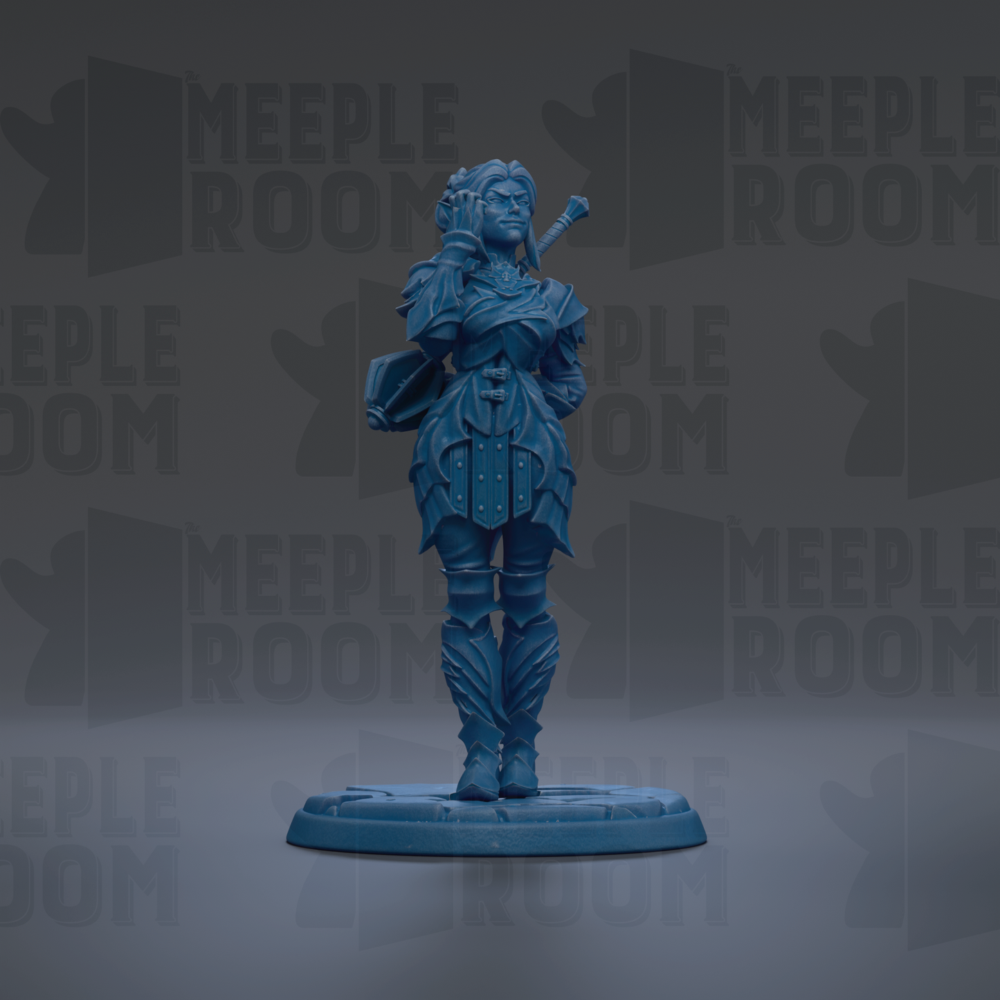 A blue figurine of a woman standing on a platform against a dark background with repeated text.