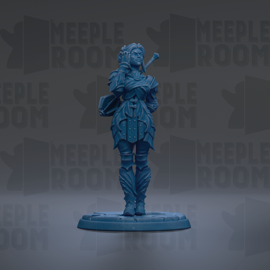 A blue figurine of a woman standing on a platform against a dark background with repeated text.