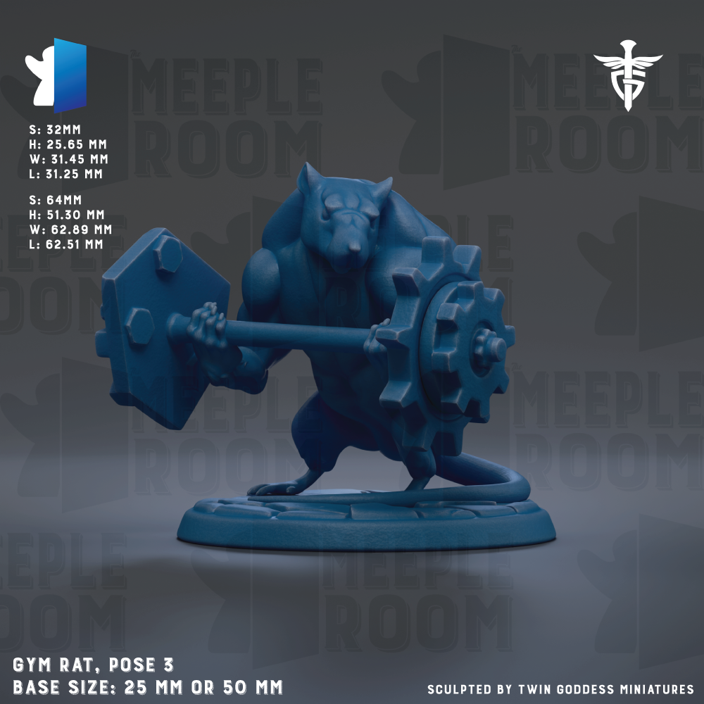 The image is a 3D model of a gym rat holding a weight, with the model size being 25mm or 50mm.