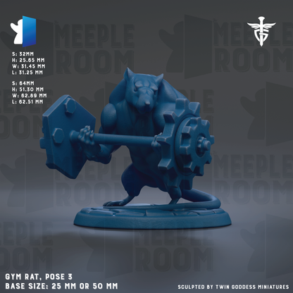 The image is a 3D model of a gym rat holding a weight, with the model size being 25mm or 50mm.