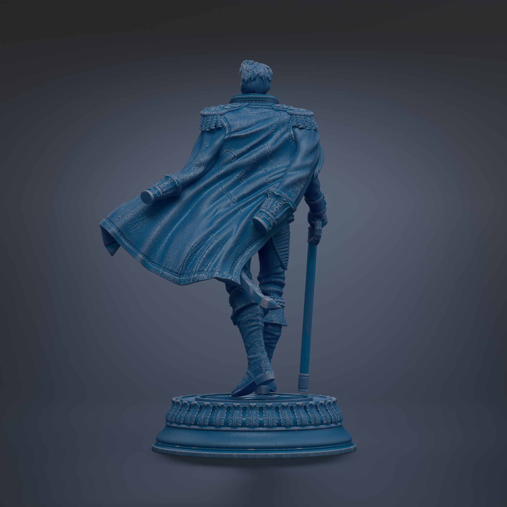 A 3D rendering of a statue of a person wearing a cape and holding a sword, standing on a pedestal.