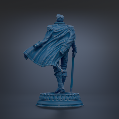 A 3D rendering of a statue of a person wearing a cape and holding a sword, standing on a pedestal.