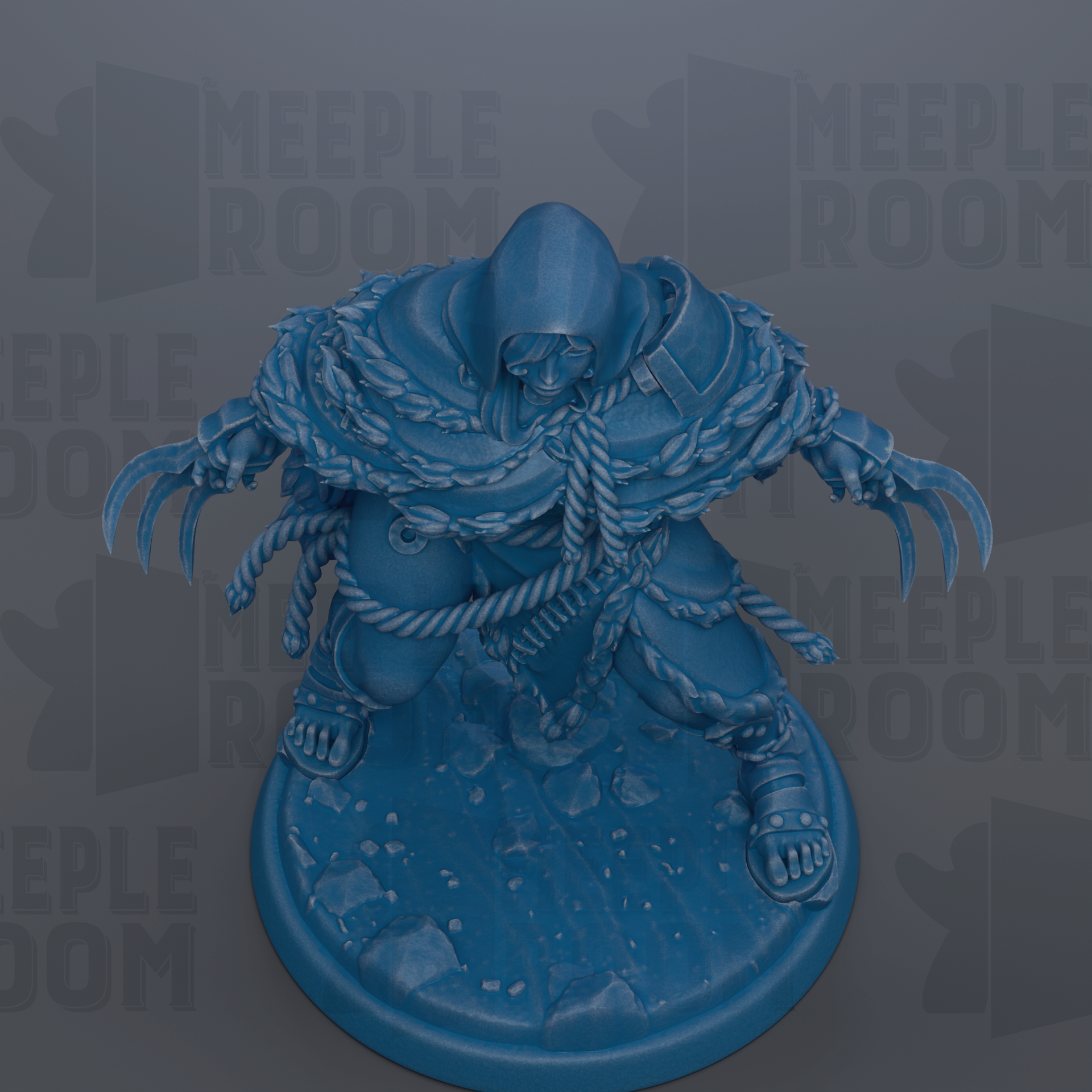 A blue figurine of a person with a hooded cloak, standing on a blue base and holding a weapon.