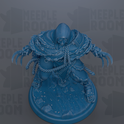 A blue figurine of a person with a hooded cloak, standing on a blue base and holding a weapon.