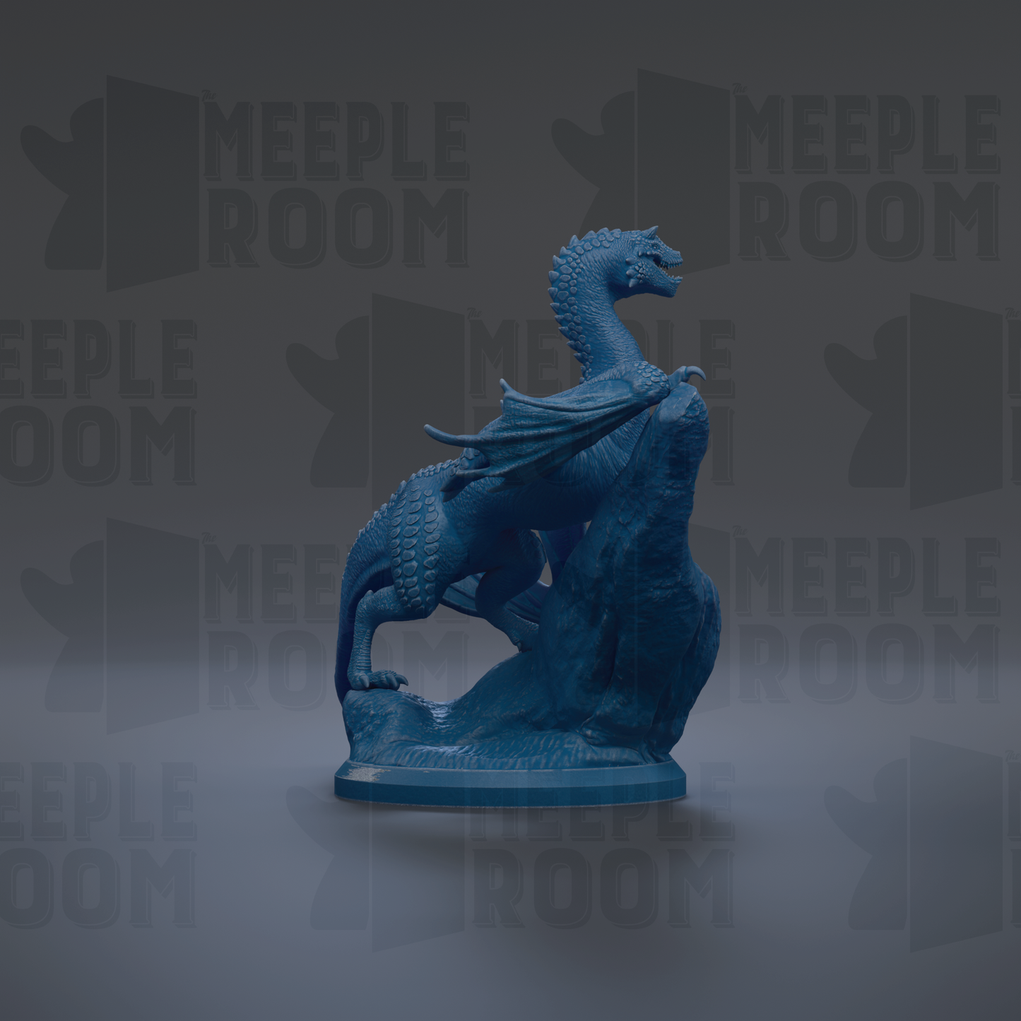 A blue dragon figurine is displayed against a dark background with repeated text.