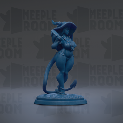 A blue figurine of a woman with a large hat and a long tail, standing on a base.