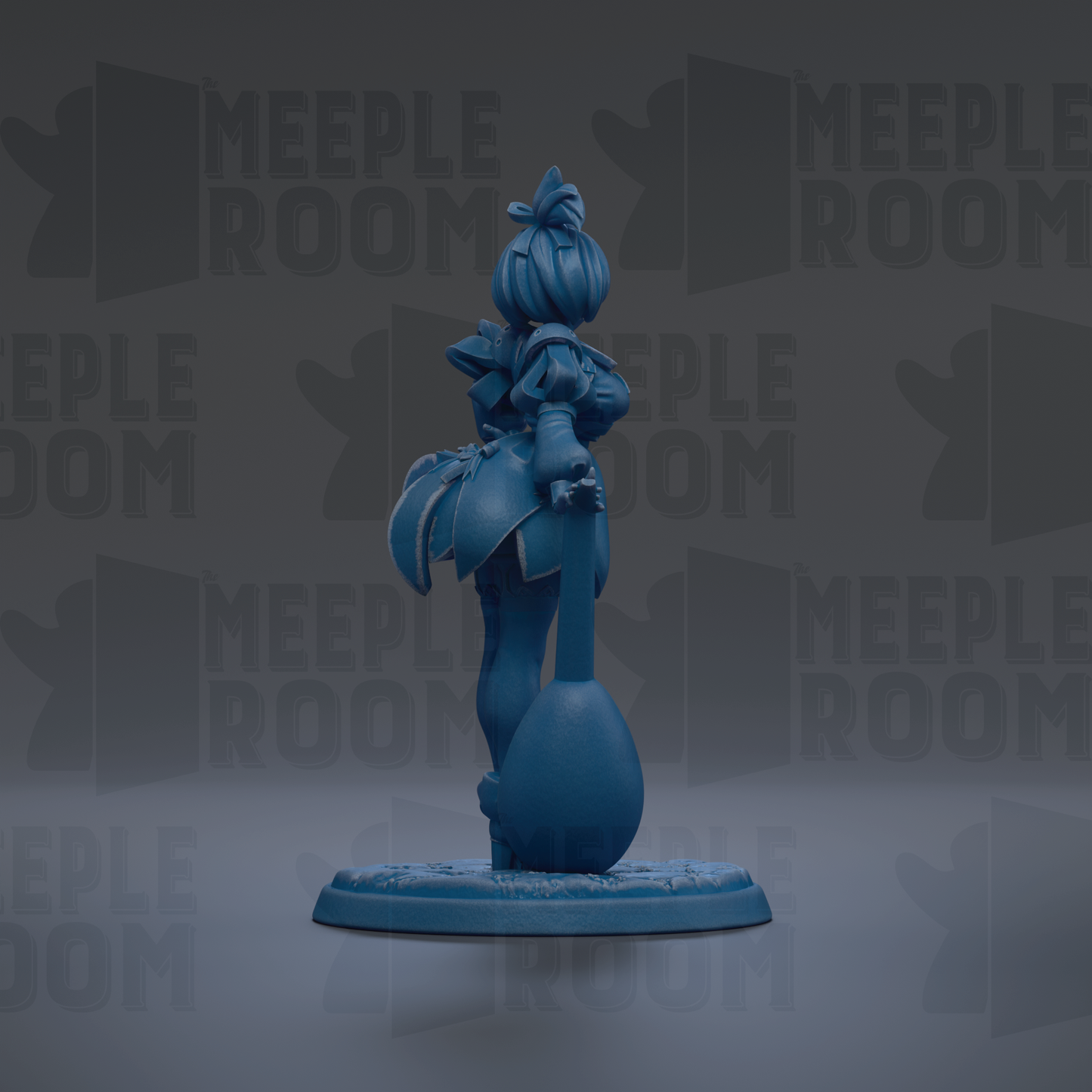 A blue figurine of a character with a large head and a round body, standing on a base and holding a small object in their hand.