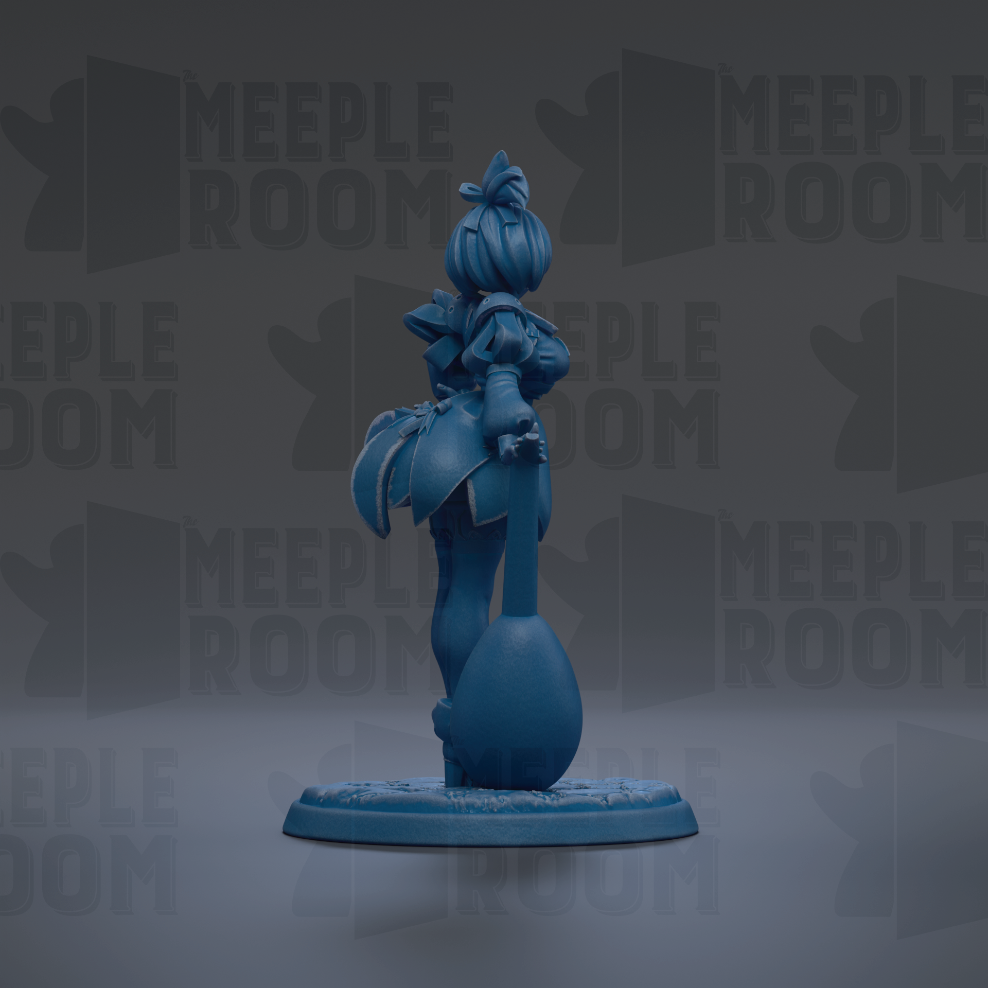 A blue figurine of a character with a large head and a round body, standing on a base and holding a small object in their hand.