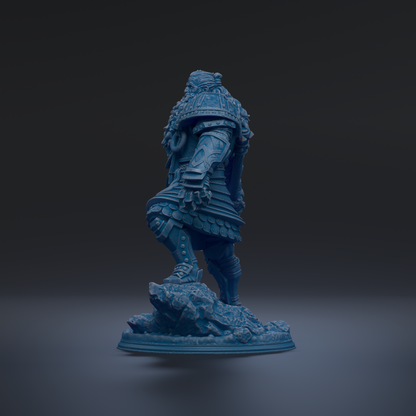 A blue, 3D-rendered statue of a warrior figure standing on a rock formation against a dark background.