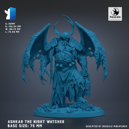 a blue statue of a demon with large wings