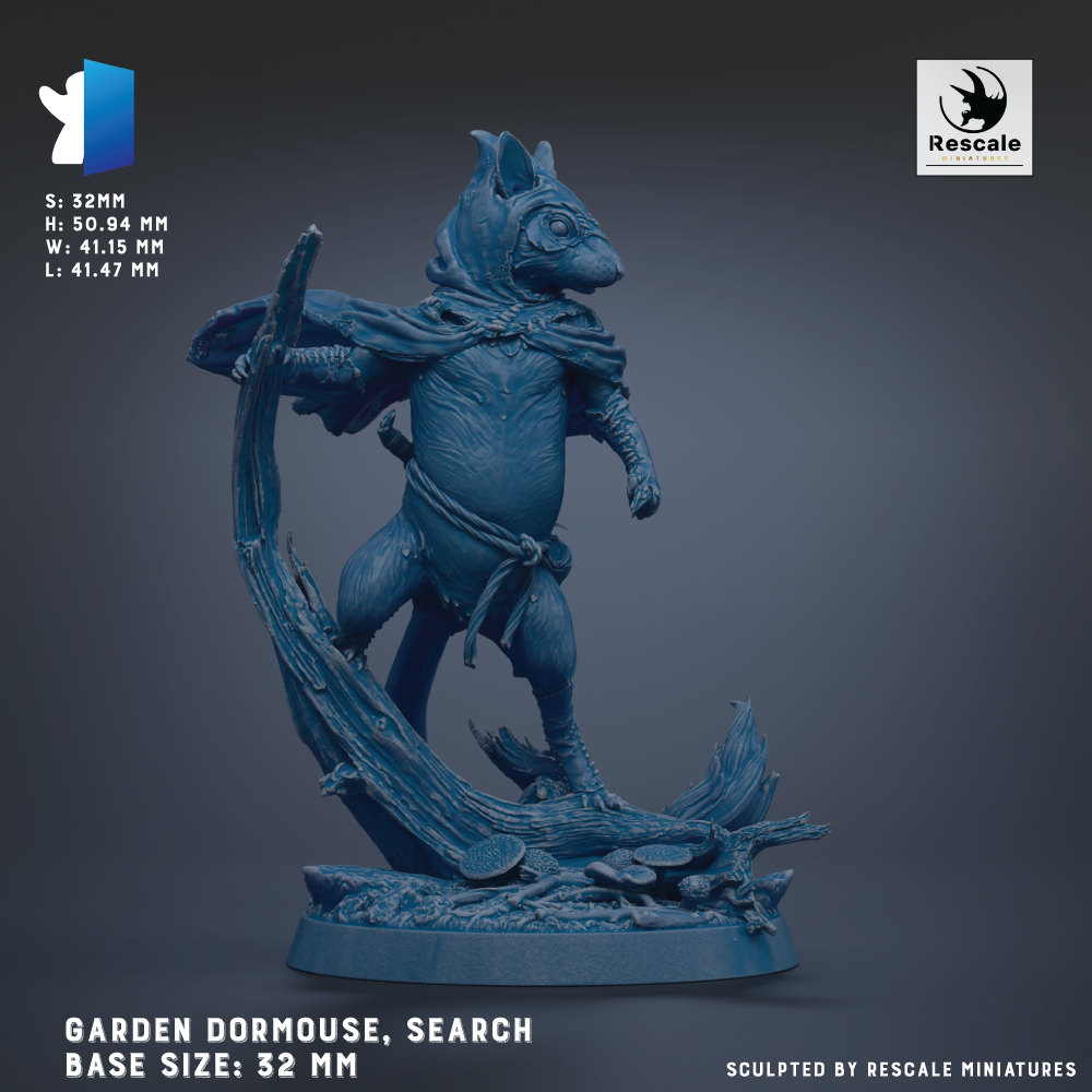 The image is a figurine of a mouse-like creature, possibly a Dormouse, with a cape-like accessory, standing on a base. The base size of the figurine is 32 mm.