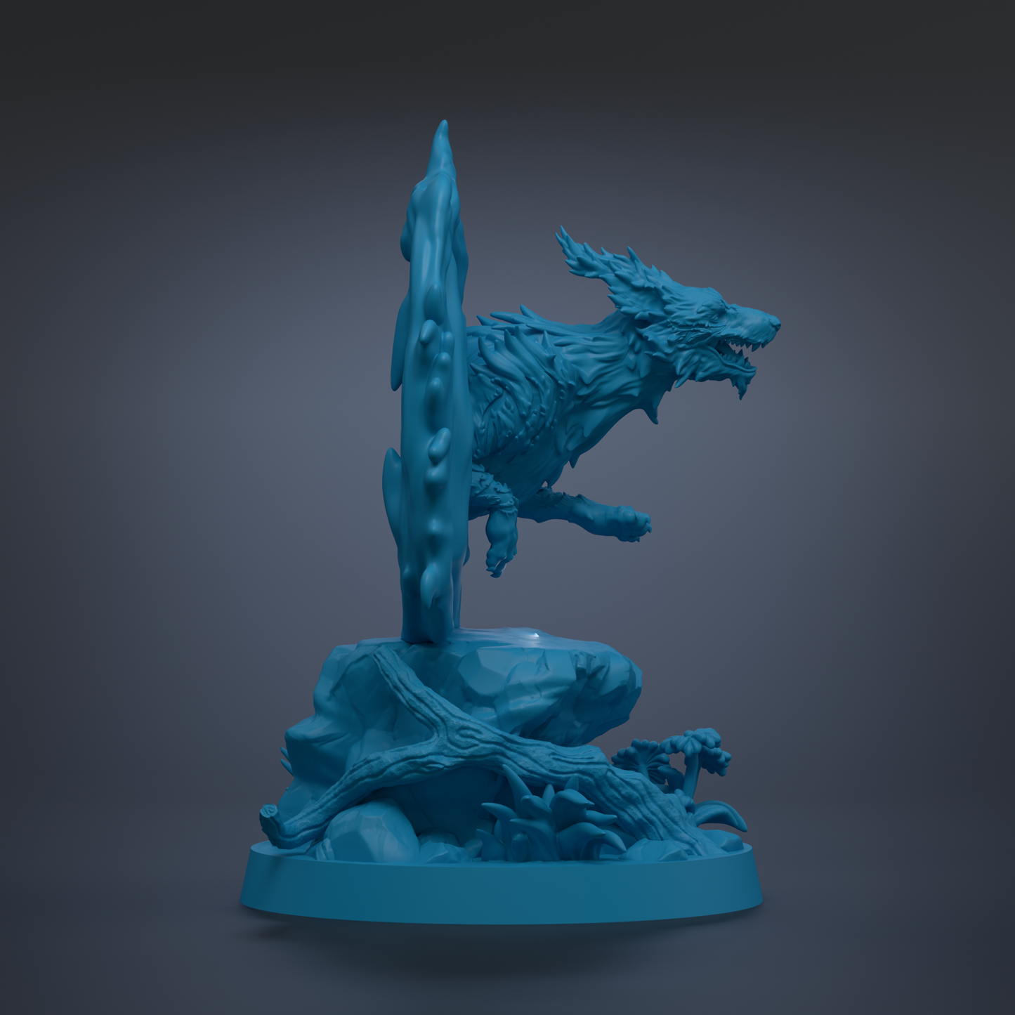 A 3D rendering of a blue, fantastical creature resembling a dragon or wolf, standing on a rock formation with a pointed object on top.