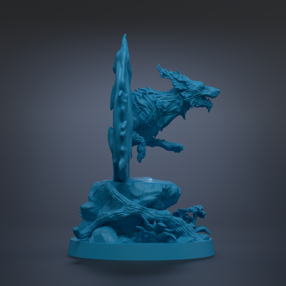 A 3D rendering of a blue, fantastical creature resembling a dragon or wolf, standing on a rock formation with a pointed object on top.