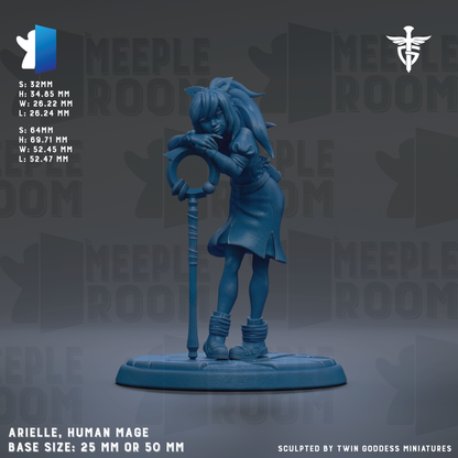The image is a figurine of a human-like character, likely a female, standing on a base. The figurine is described as having a human-like appearance and is shown in various sizes, ranging from 25mm to 50mm. The background of the image is a dark gray color, and there are repeated instances of the word "MEEPLE" in the background.