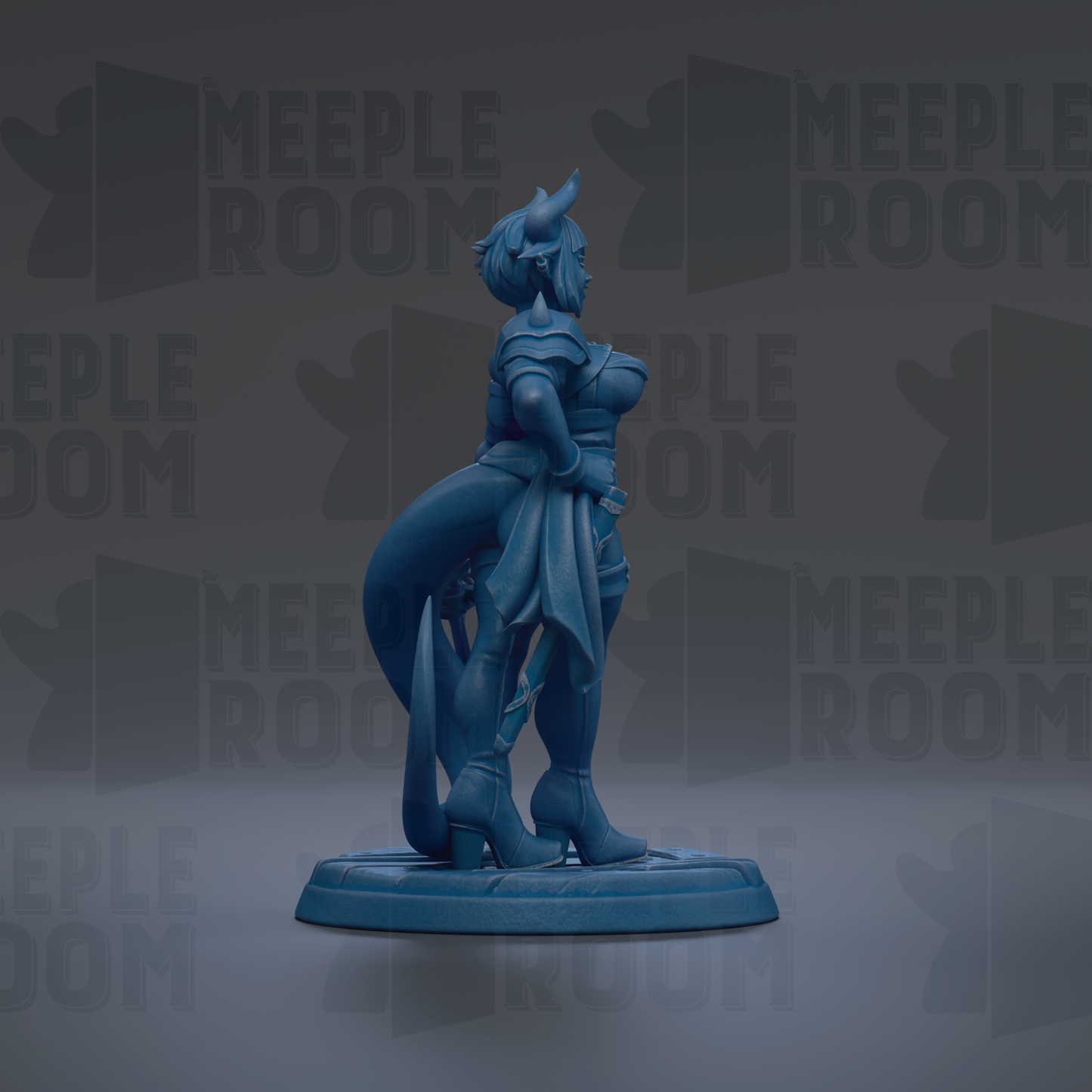 A blue figurine of a woman with horns, standing on a base and facing to the right.