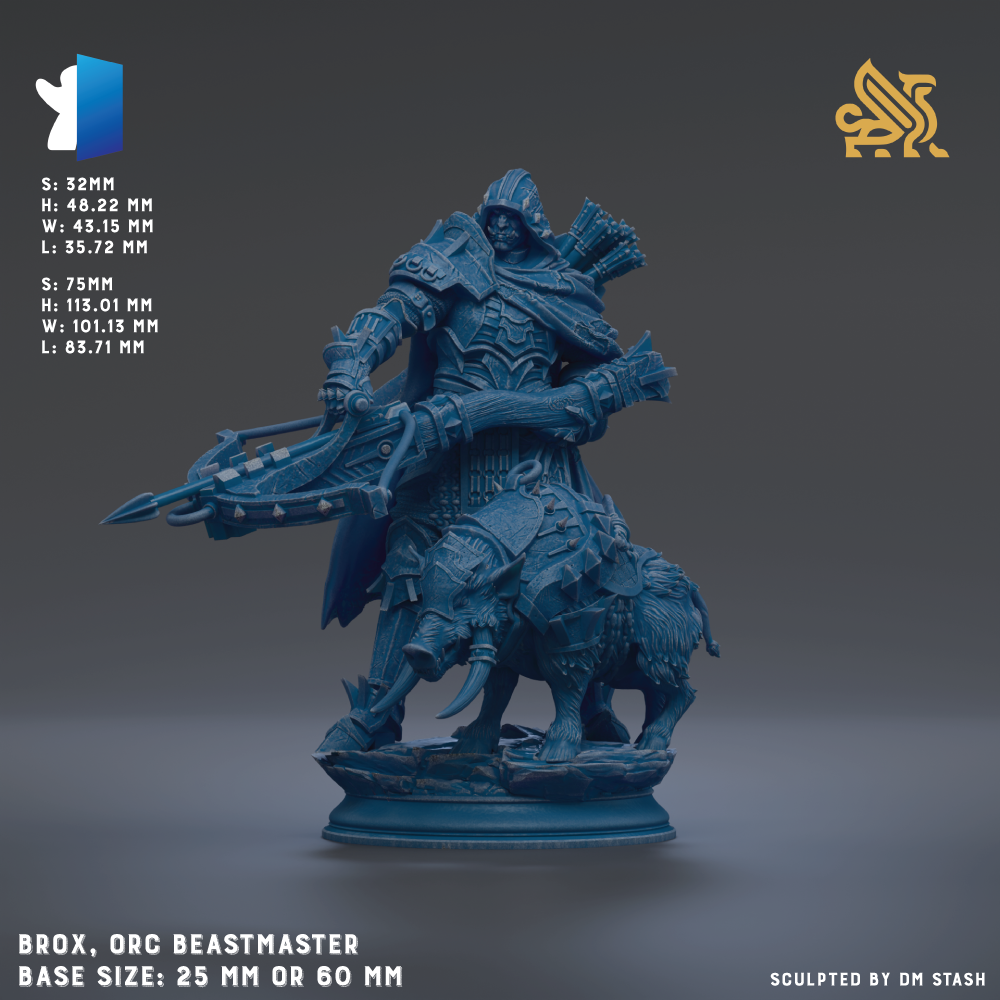 a blue figurine of a warrior figure, specifically an ORC (Orc Beastmaster) from the Brox series. The figurine is shown in a dynamic pose, holding a large weapon and accompanied by a winged creature. The base size of the figurine is either 25mm or 60mm, depending on the specific version or edition. The image is a 3D rendering of the figurine, and it is sculpted by an individual named DM Stash.