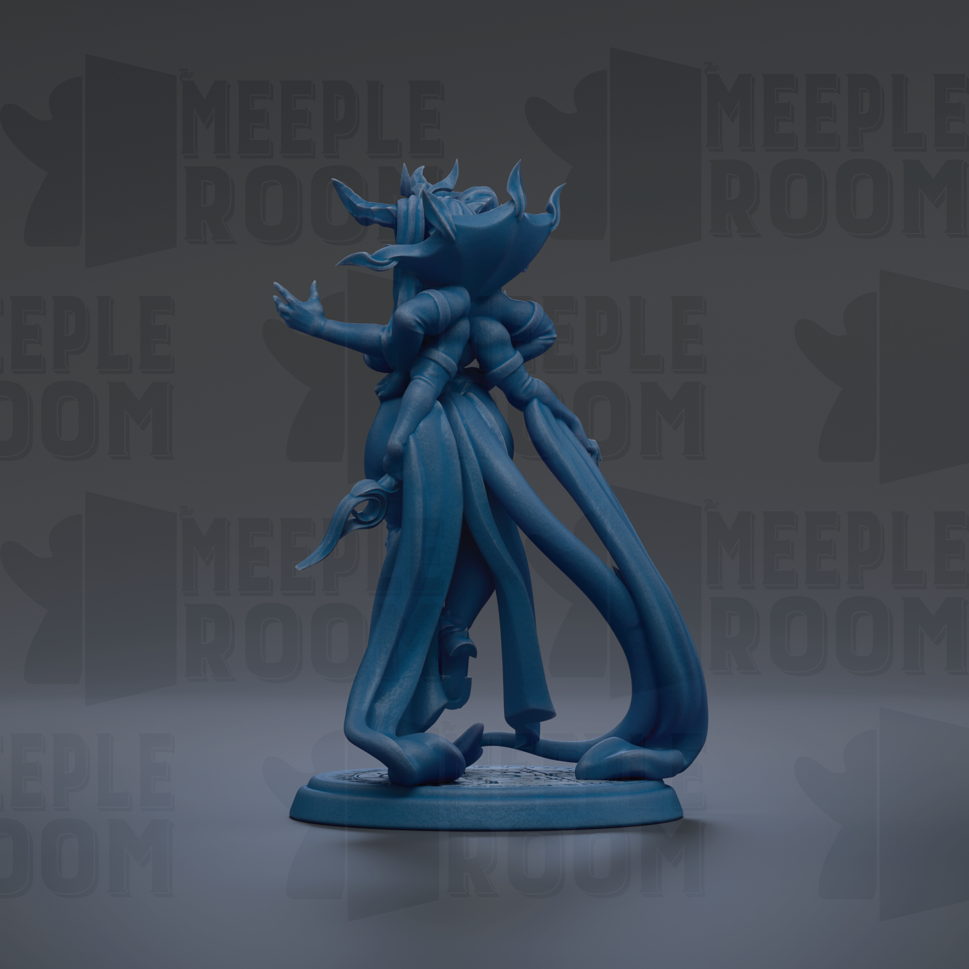 A blue figurine of a fantastical creature with multiple arms and legs, standing on a base and facing to the right.