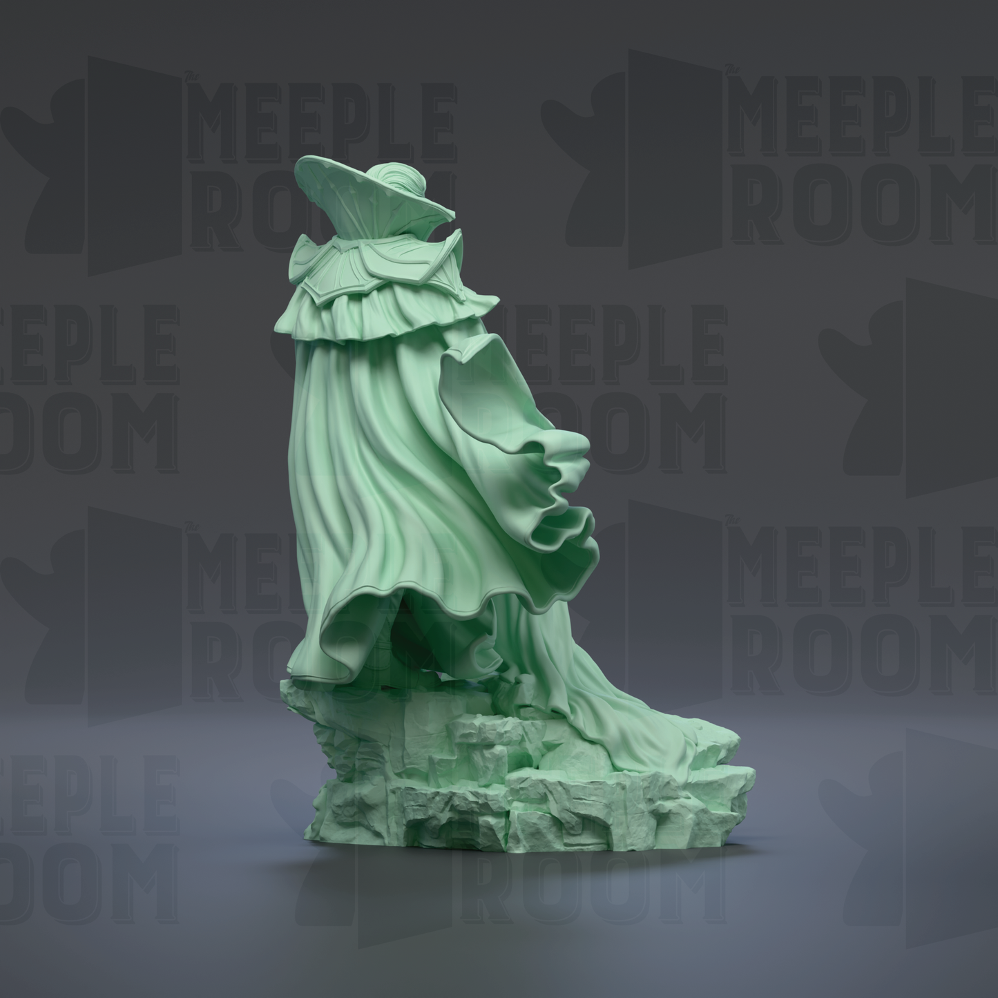A green, flowing dress-like sculpture stands on a rock formation against a dark background with repeated "MEUPLE ROOM" text.