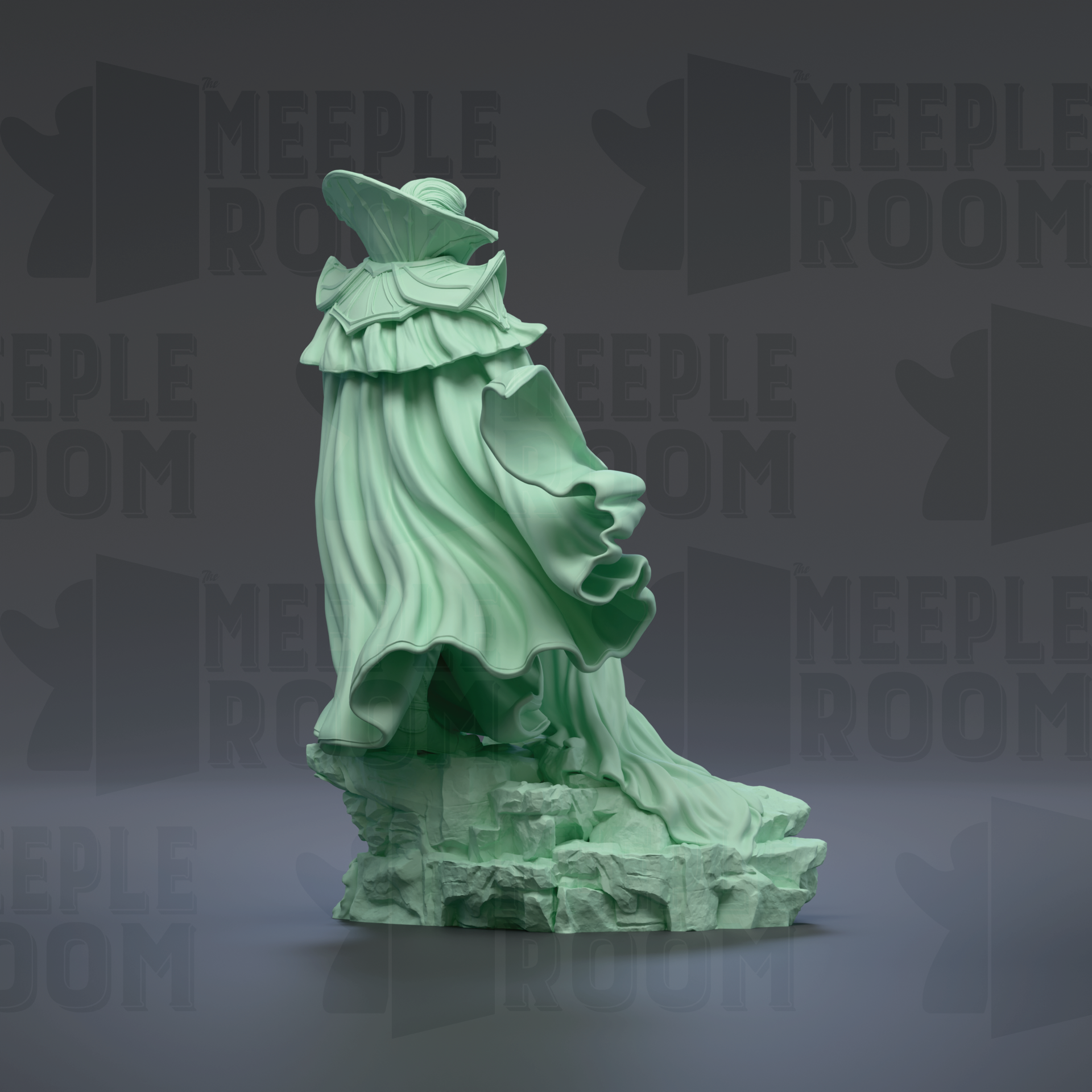 A green, flowing dress-like sculpture stands on a rock formation against a dark background with repeated "MEUPLE ROOM" text.