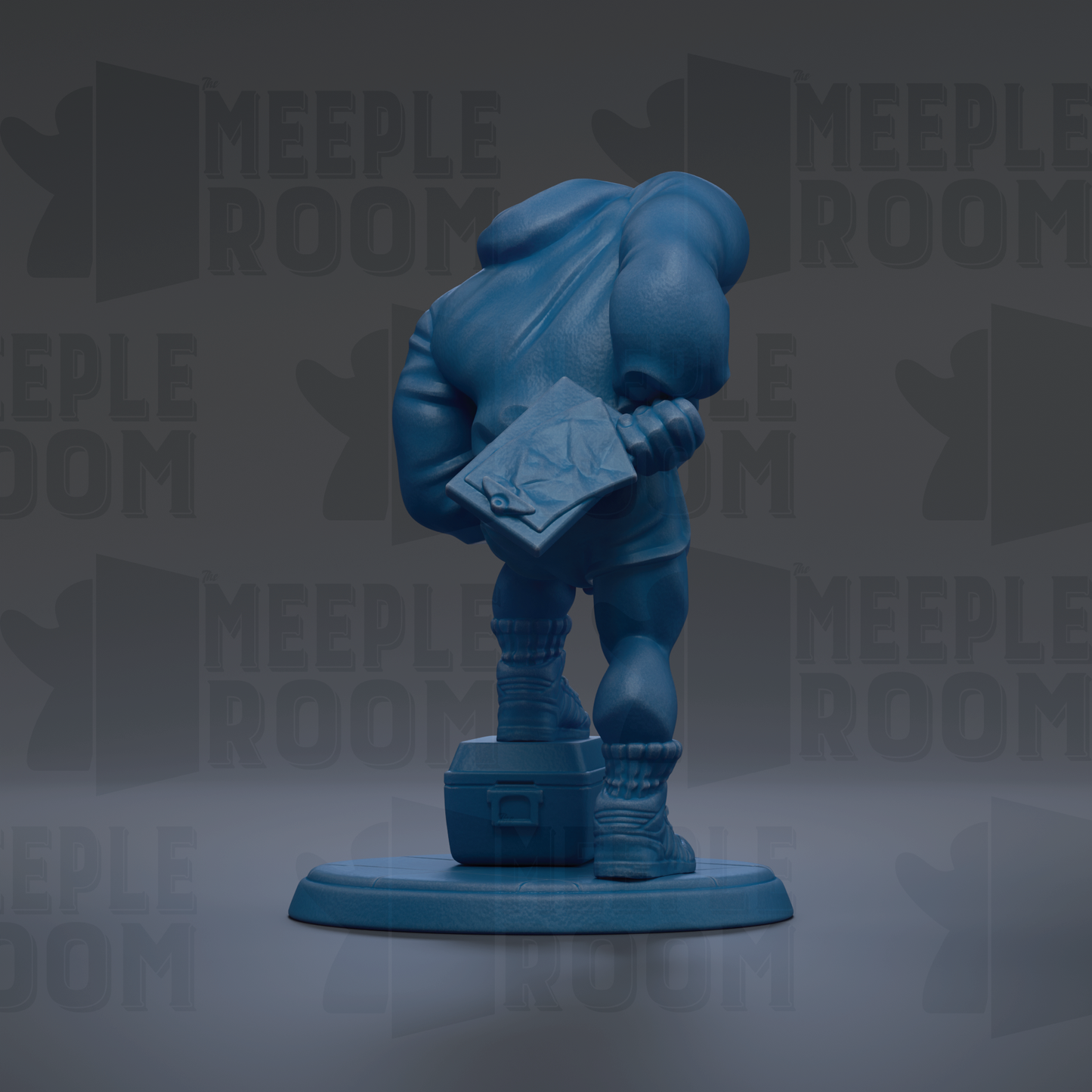A blue figurine of a person holding a book, standing on a base, against a dark background with repeated text.