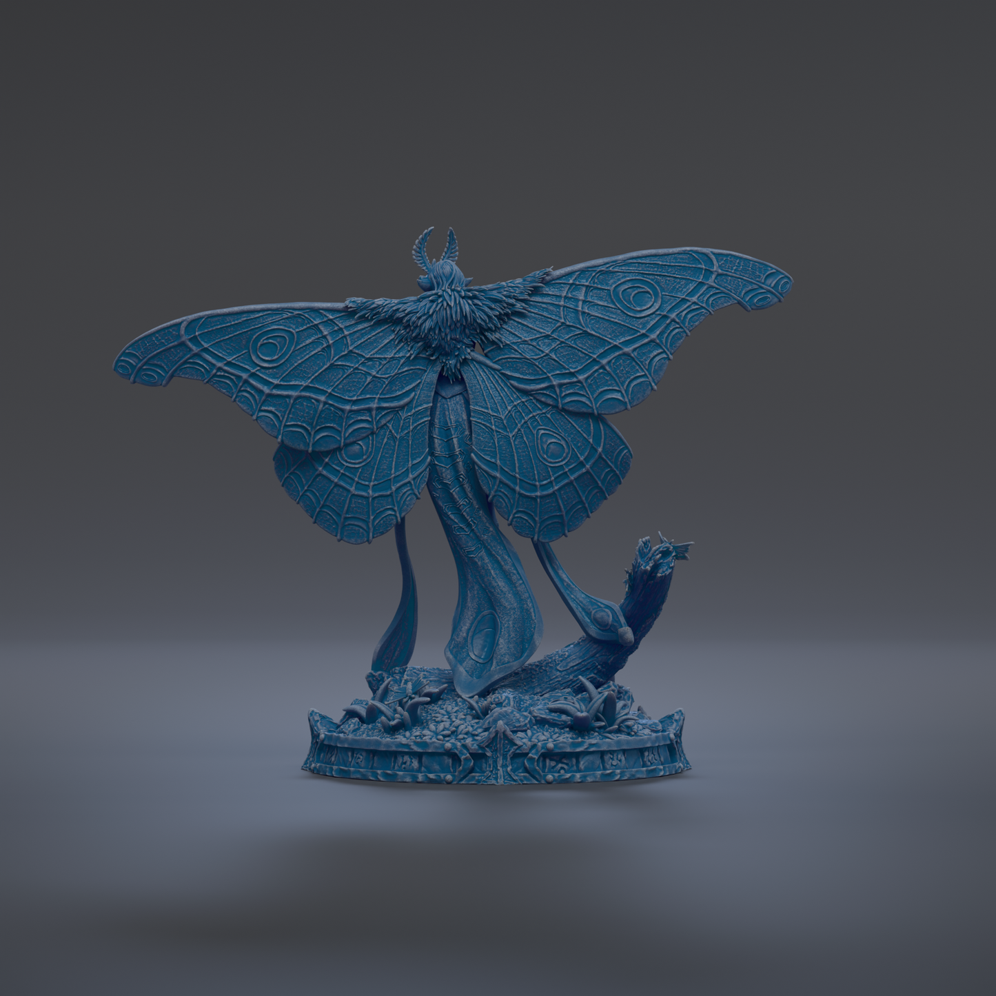 A blue, winged creature with intricate patterns on its wings is depicted in the image.