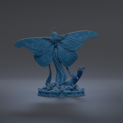 A blue, winged creature with intricate patterns on its wings is depicted in the image.