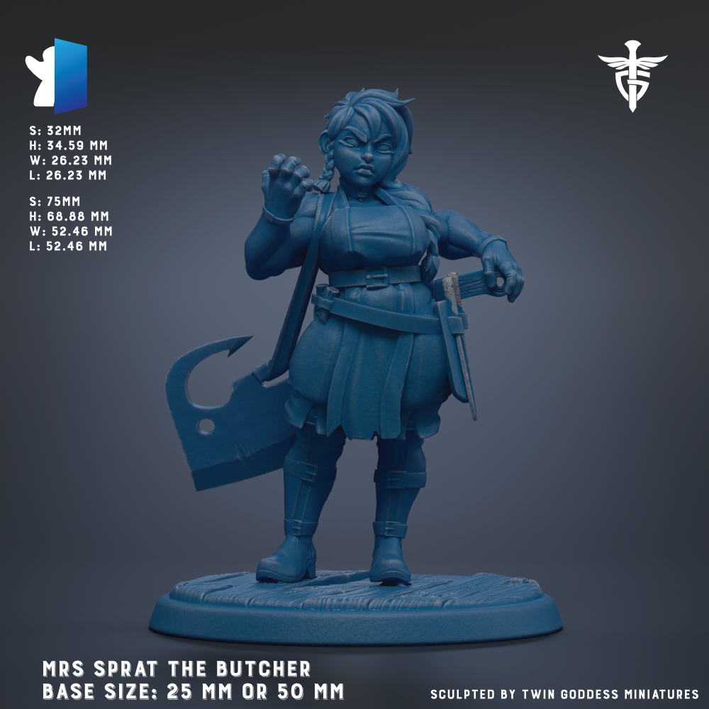 a figurine of a woman, specifically a character named Mrs. Sprat the Butcher, who is a butcher character. The figurine is shown in a dynamic pose, holding a large knife. The base size of the figurine is 25 mm or 50 mm.