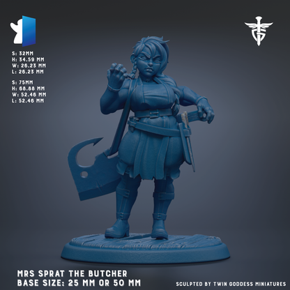 a figurine of a woman, specifically a character named Mrs. Sprat the Butcher, who is a butcher character. The figurine is shown in a dynamic pose, holding a large knife. The base size of the figurine is 25 mm or 50 mm.